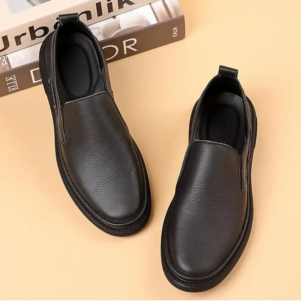 Men's genuine leather casual loafers by TrendLux Wear featuring breathable, solid color slip-on flat shoes for everyday comfort.