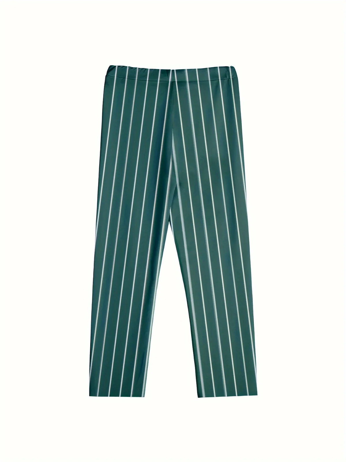 Slim-fit, straight-leg trousers in deep green with white vertical stripes. Features a comfortable waistband and button fly.