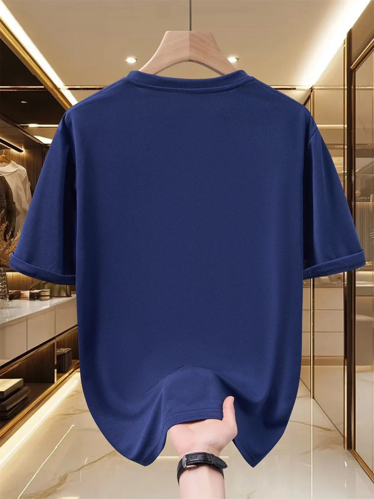 Men's navy and white quick-dry graphic T-shirt by TrendLux Wear, breathable polyester crewneck tee in S to XXL sizes.