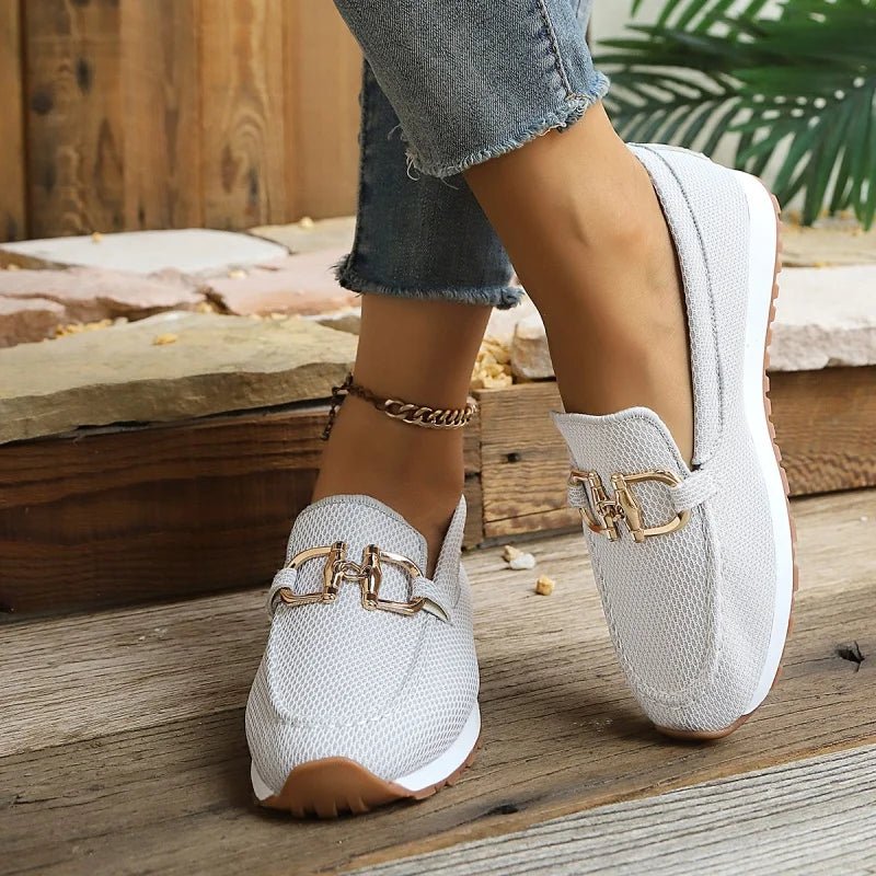Women's TrendLux Wear thick sole slip-on loafers in beige, white, blue, and gray with round toes, comfortable casual walking shoes.