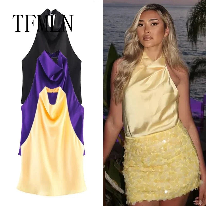 TrenLux Wear TFMLN 2025 women's halter top, backless sleeveless waistcoat, solid color, stylish spring/summer fashion.