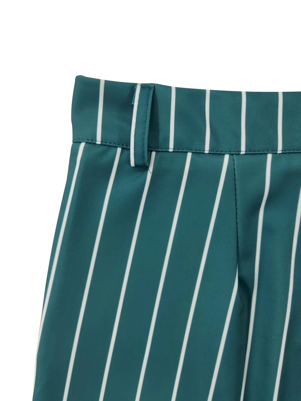 Slim-fit teal casual trousers with white stripes, featuring a button fly and flat front design.