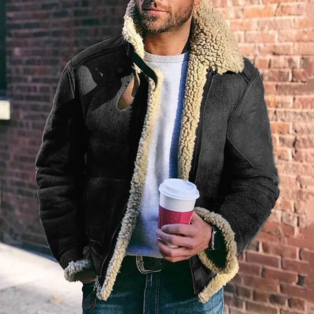 Men's Faux Leather Suede Fur-Lined Winter Jacket – Turn Down Collar Coat