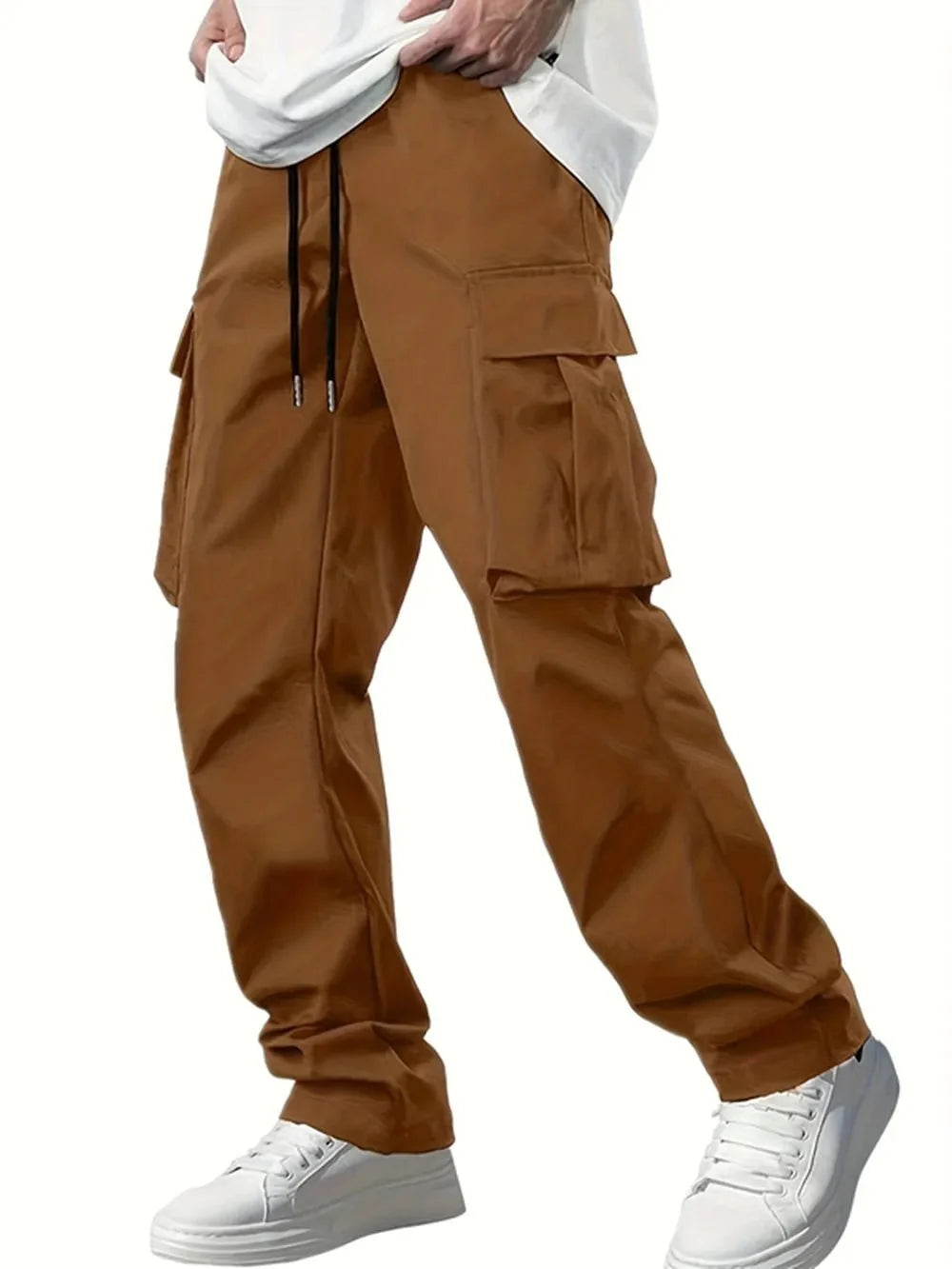 Men's loose straight cargo pants by TrendLux Wear with multiple pockets, shown in a neutral color, designed for workwear and casual wear.