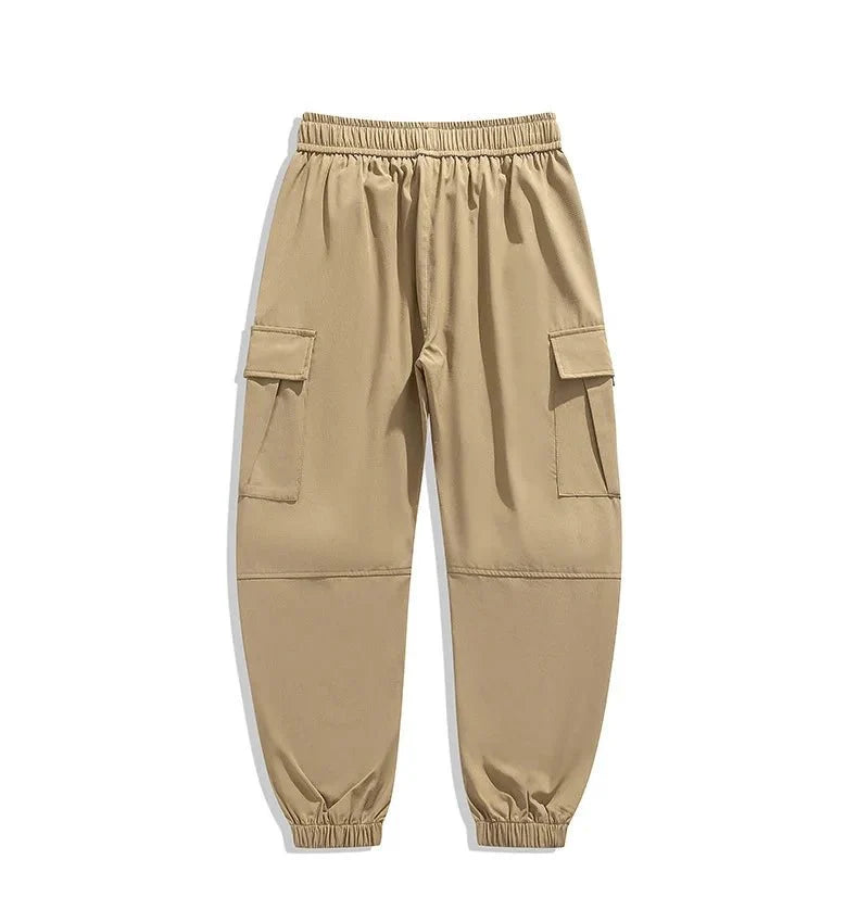 Men's wide leg casual trousers by TrendLux Wear, high street loose fit multi-pocket pants in six colors, shown in a neutral style.