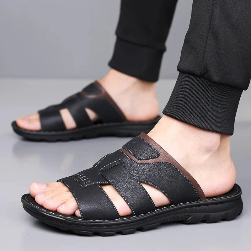 Men's handmade leather half-drag slippers by TrendLux Wear, lightweight outdoor slides in EU sizes 38–58, shown in brown leather.