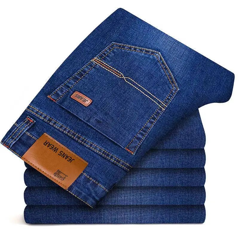 Men's elastic straight leg jeans by TrendLux Wear in classic blue and black, casual work denim, available in sizes 28 to 40.