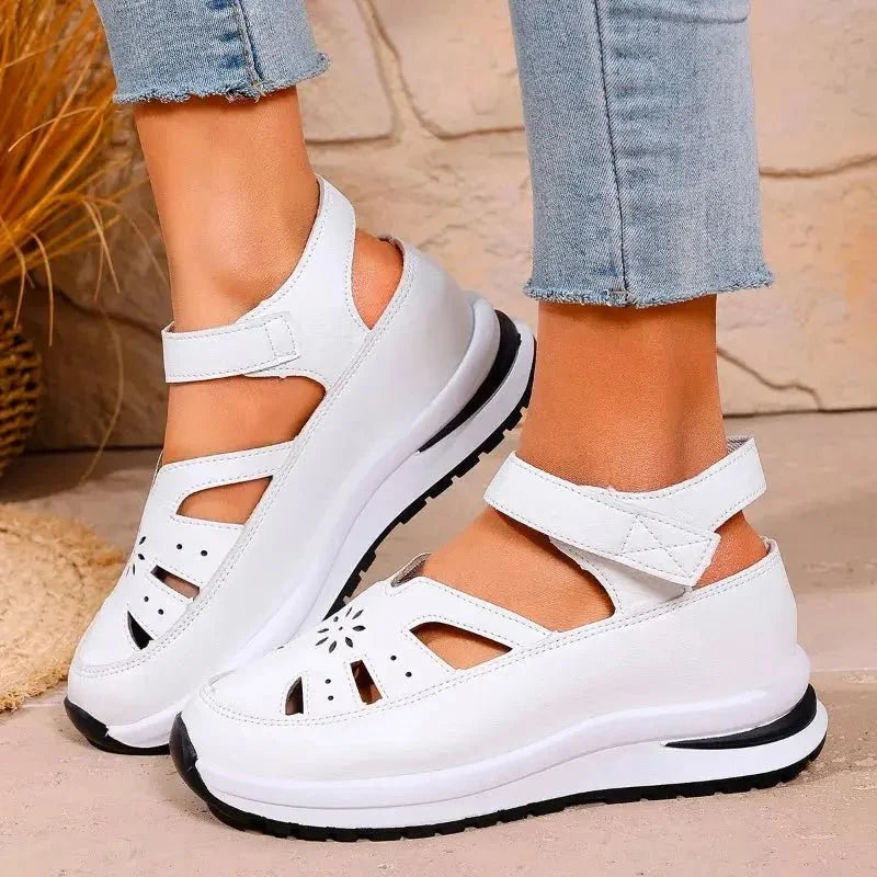 Women's PU buckle strap closed toe wedge sandals by TrendLux Wear, featuring a stylish design for office and career wear.