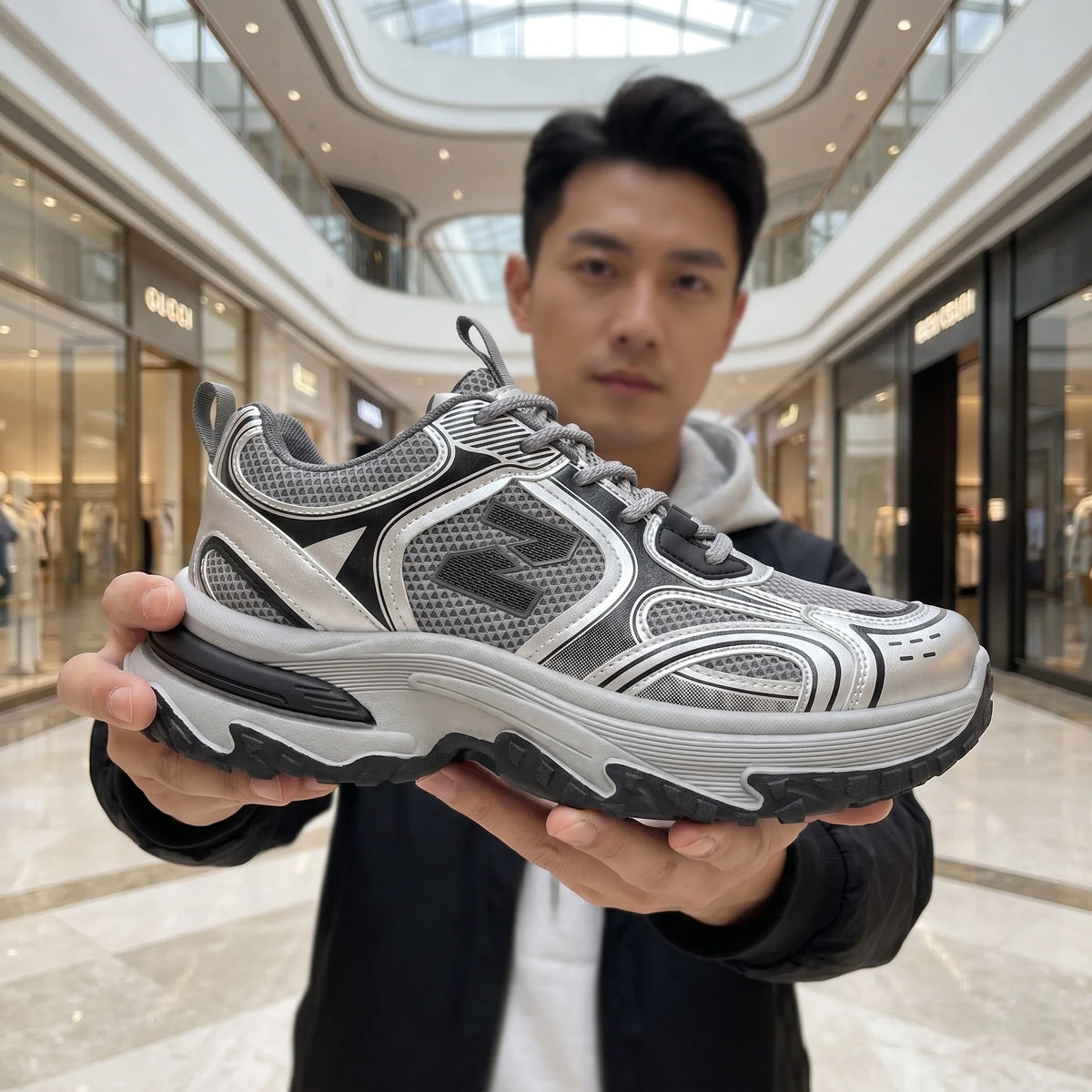 Men's chunky dad sneakers from TrendLux Wear with mesh and leather upper in beige, gray, and silver, showcasing stylish casual footwear.