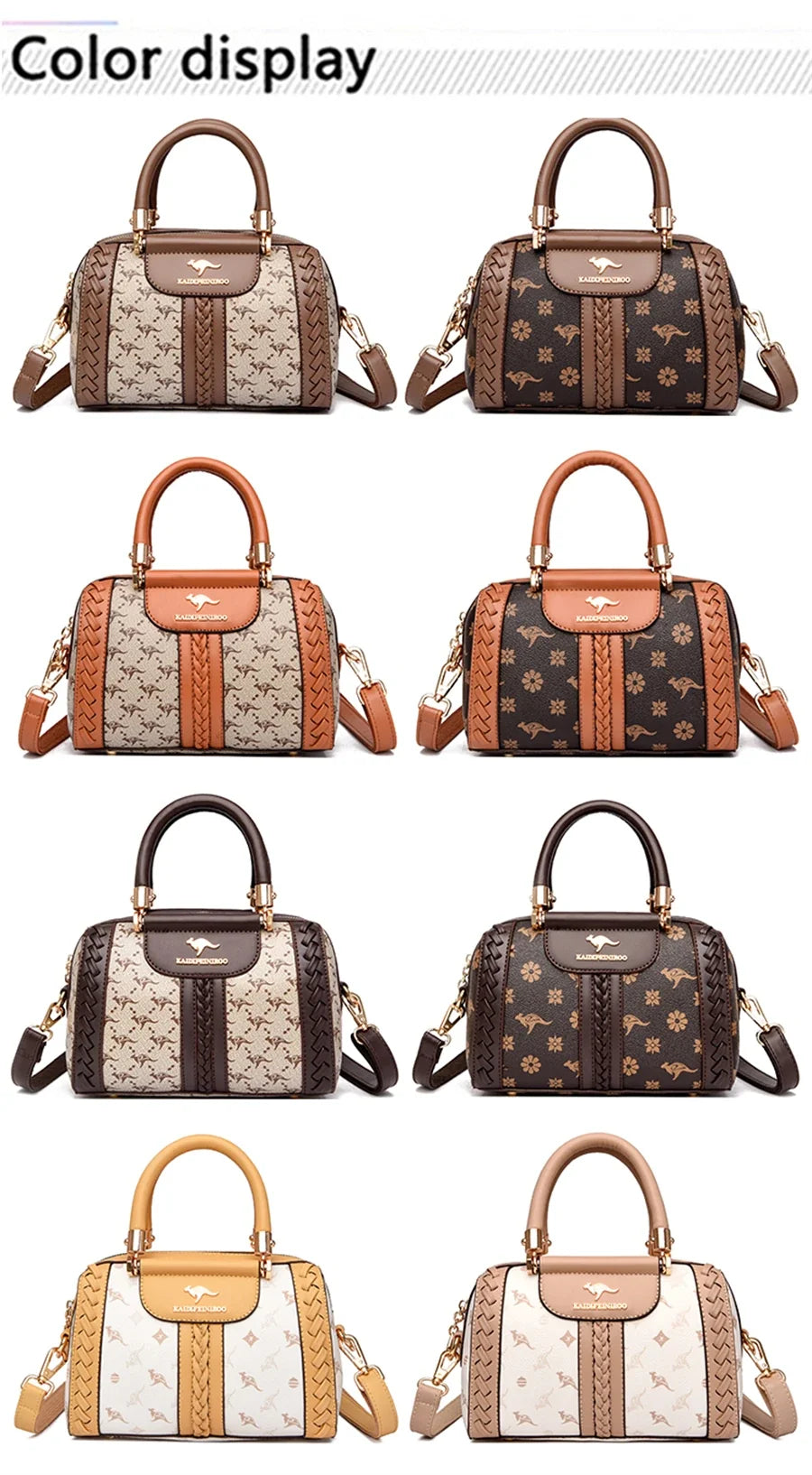 Nine stylish women's shoulder handbags displayed in various color combinations, showcasing smooth leather and animal print patterns.
