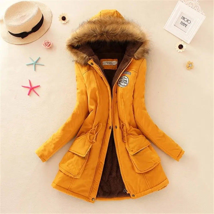 Women’s Military Hooded Puffer Parka – Cotton-Filled Fur-Trimmed Winter Coat