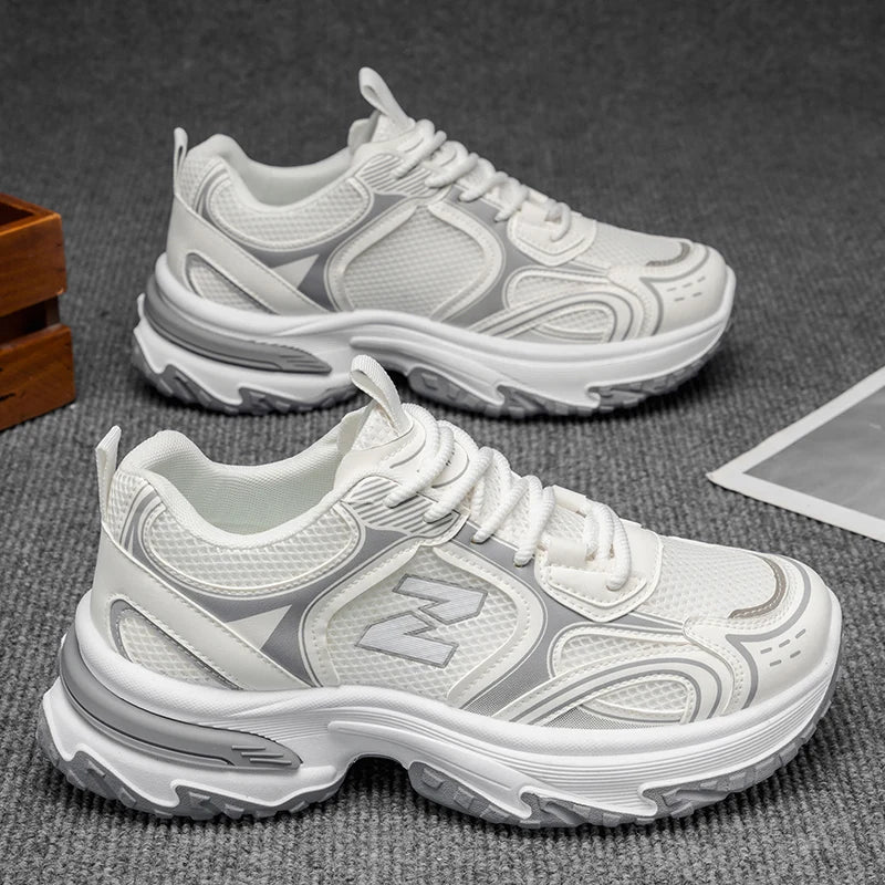 Men's Chunky Dad Sneakers by TrendLux Wear with beige, gray, and silver mesh and leather upper, showcasing stylish, comfortable footwear.