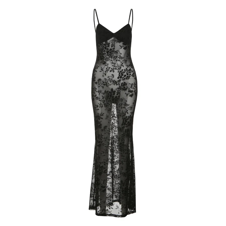 Black Sheer Floral Backless Maxi Dress