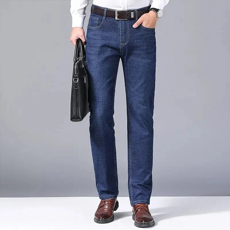 Men's slim fit black biker jeans by TrendLux Wear, featuring a classic straight leg style and belt loops, size 30-38.