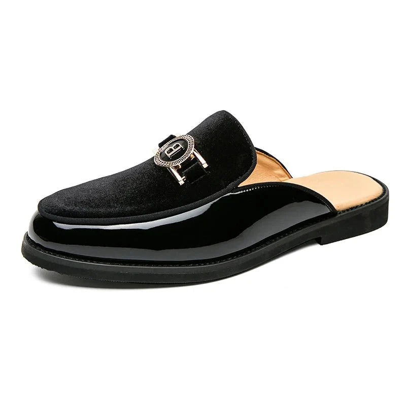 Men's black faux suede slip-on mules by TrendLux Wear, casual loafers with breathable design, available in EU sizes 35–47.