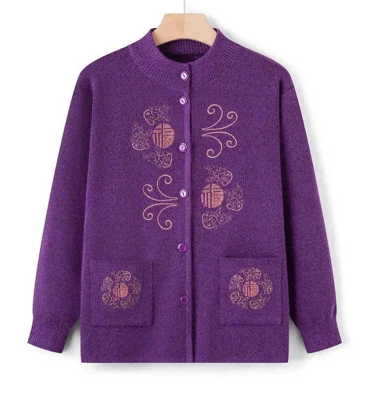 Women's vintage printed knit cardigan coat by TrendLux Wear, featuring a cozy, patterned knitwear design with button closure.