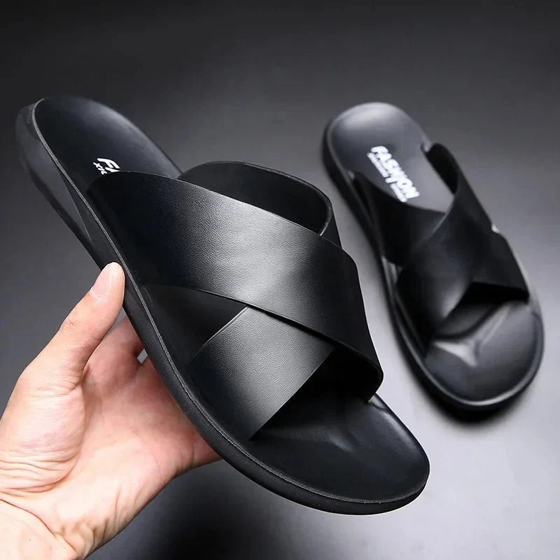 Men's genuine leather beach sandals by TrendLux Wear, casual non-slip flats with open toe design, available in EU sizes 38-50.