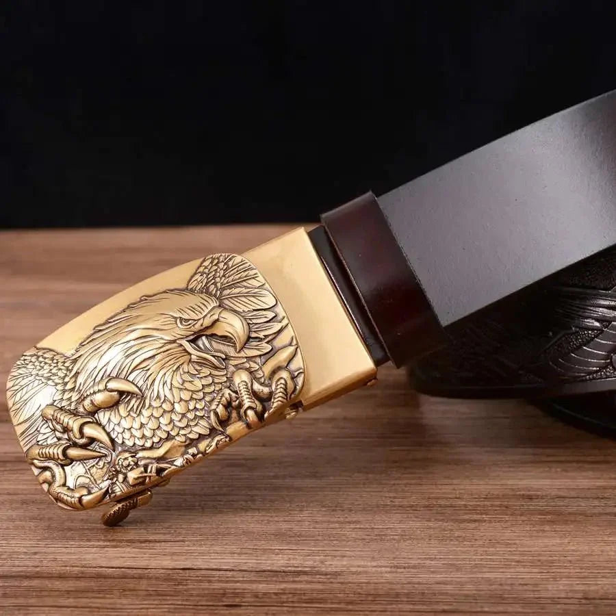 Men's genuine leather ratchet belt with automatic buckle from TrendLux Wear, 35mm wide, displayed in a gift box.