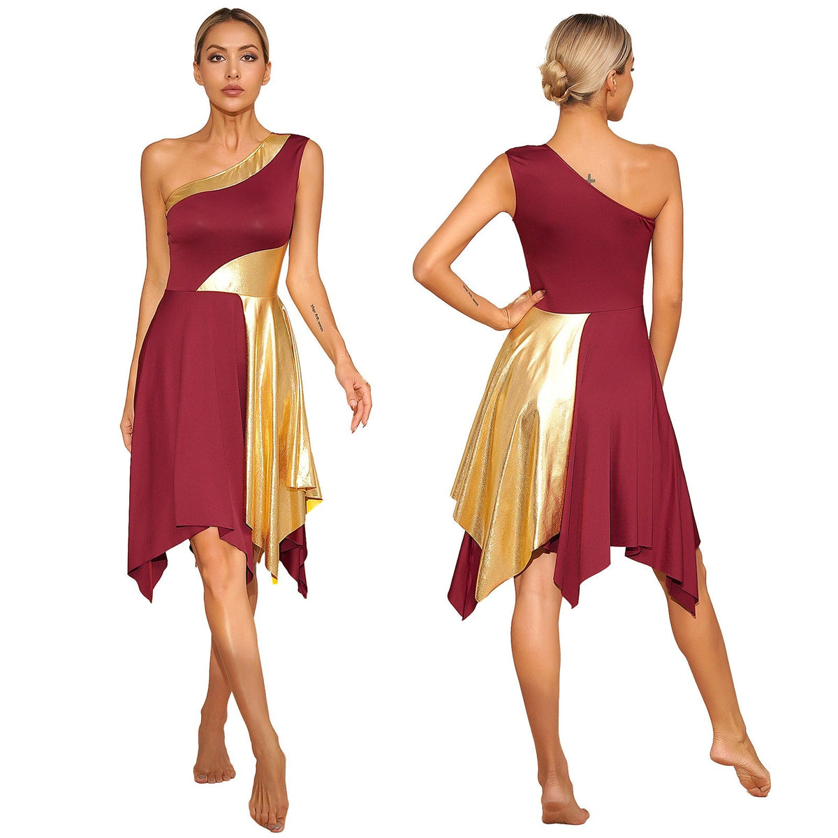 One-shoulder metallic performance dance dress by The Glow Sanctuary featuring a sleek, shiny fabric and stylish design for stage and worship.