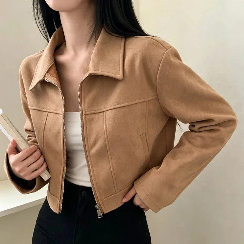 Women's retro lapel zip jacket by TrendLux Wear, slim fit patchwork short coat for spring and fall office outerwear.