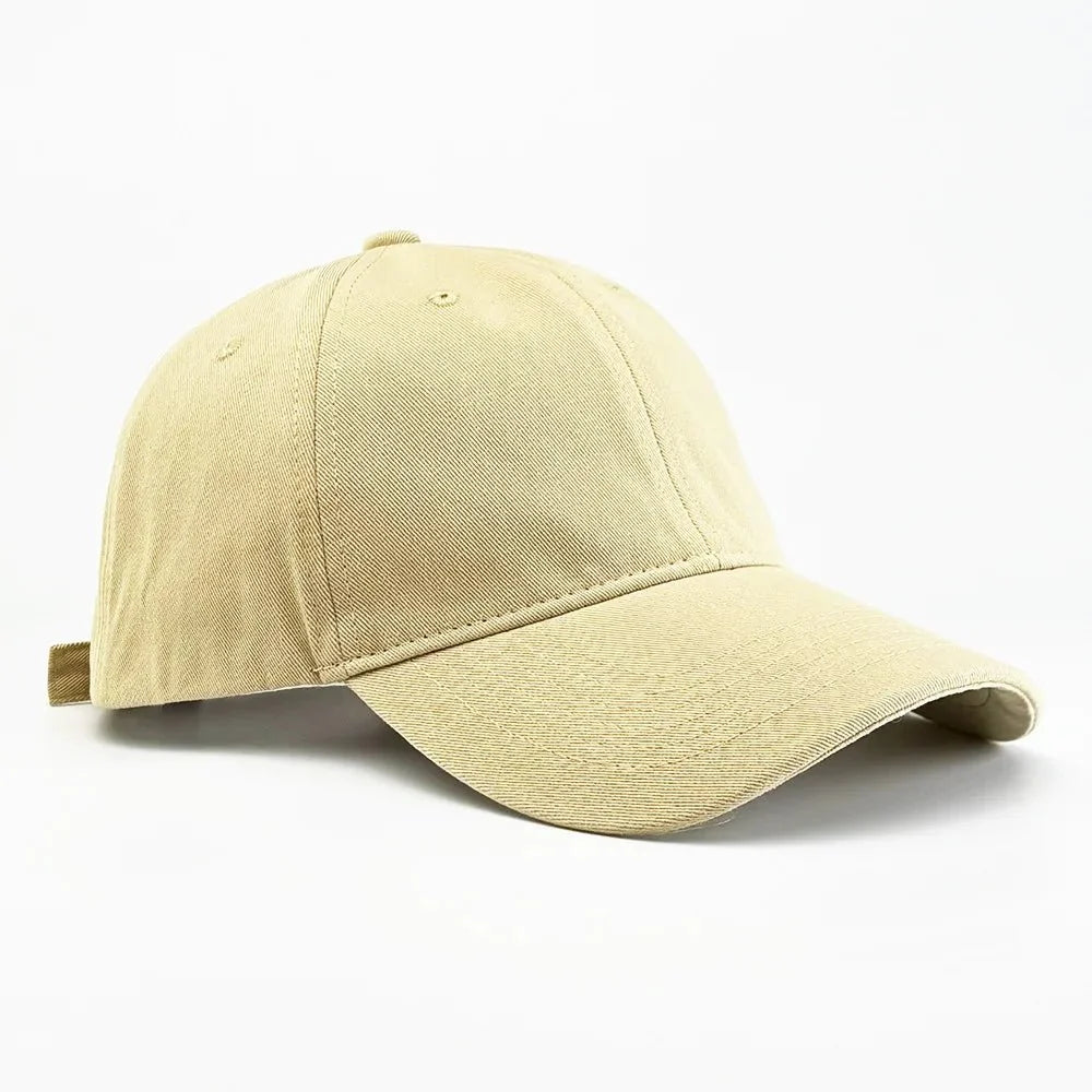 Unisex Korean style cotton curved brim baseball cap from TrendLux Wear in beige with soft top and adjustable strap.