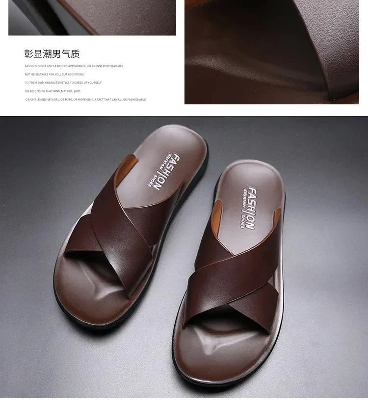 Men's genuine leather beach sandals by TrendLux Wear, casual non-slip flats in EU sizes 38-50, shown with open-toe design and comfortable straps.