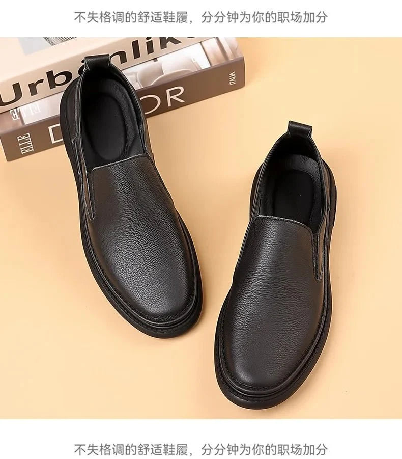 Men's genuine leather casual loafers by TrendLux Wear, slip-on flat shoes with breathable solid color design.