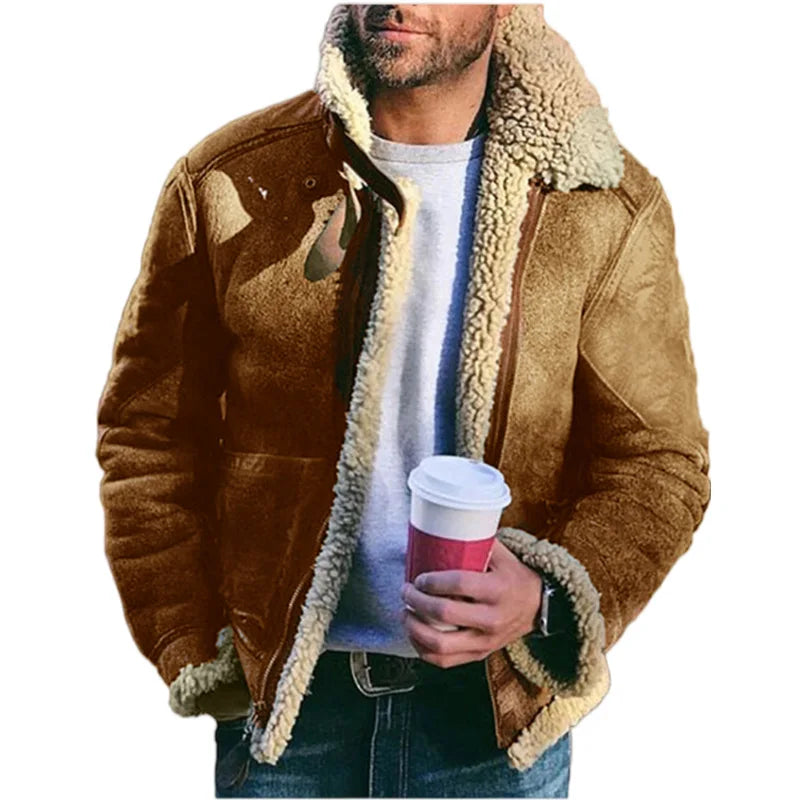 Men's Faux Leather Suede Fur-Lined Winter Jacket – Turn Down Collar Coat