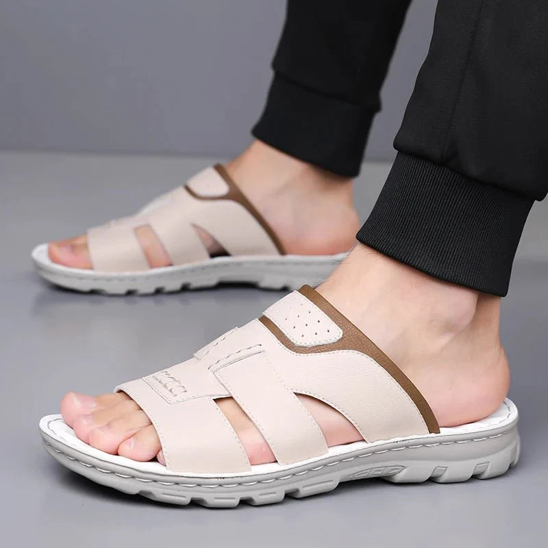 Men's handmade leather half-drag slippers by TrendLux Wear, lightweight outdoor slides in EU sizes 38 to 58.