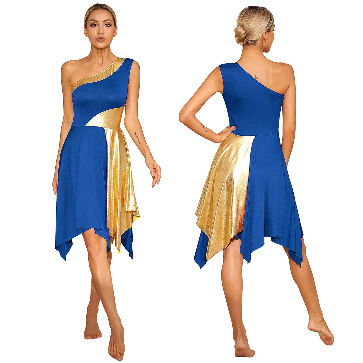 Shimmering one-shoulder metallic dance performance dress by The Glow Sanctuary, designed for stage and worship dance.