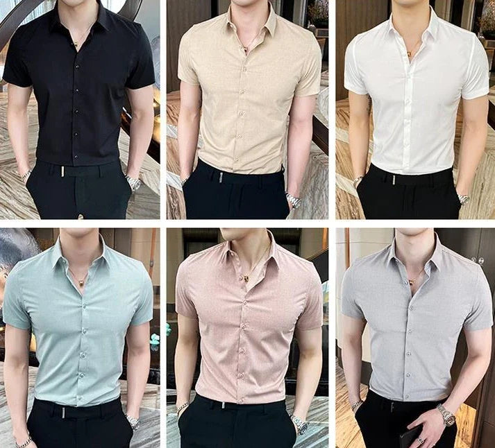 Short-sleeve men's shirts in various colors: black, beige, white, mint green, pink, and gray, featuring a square collar and button closure.