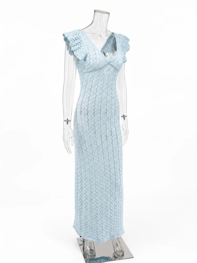 Ruffled V-Neck Hollow-Out Knit Maxi Dress