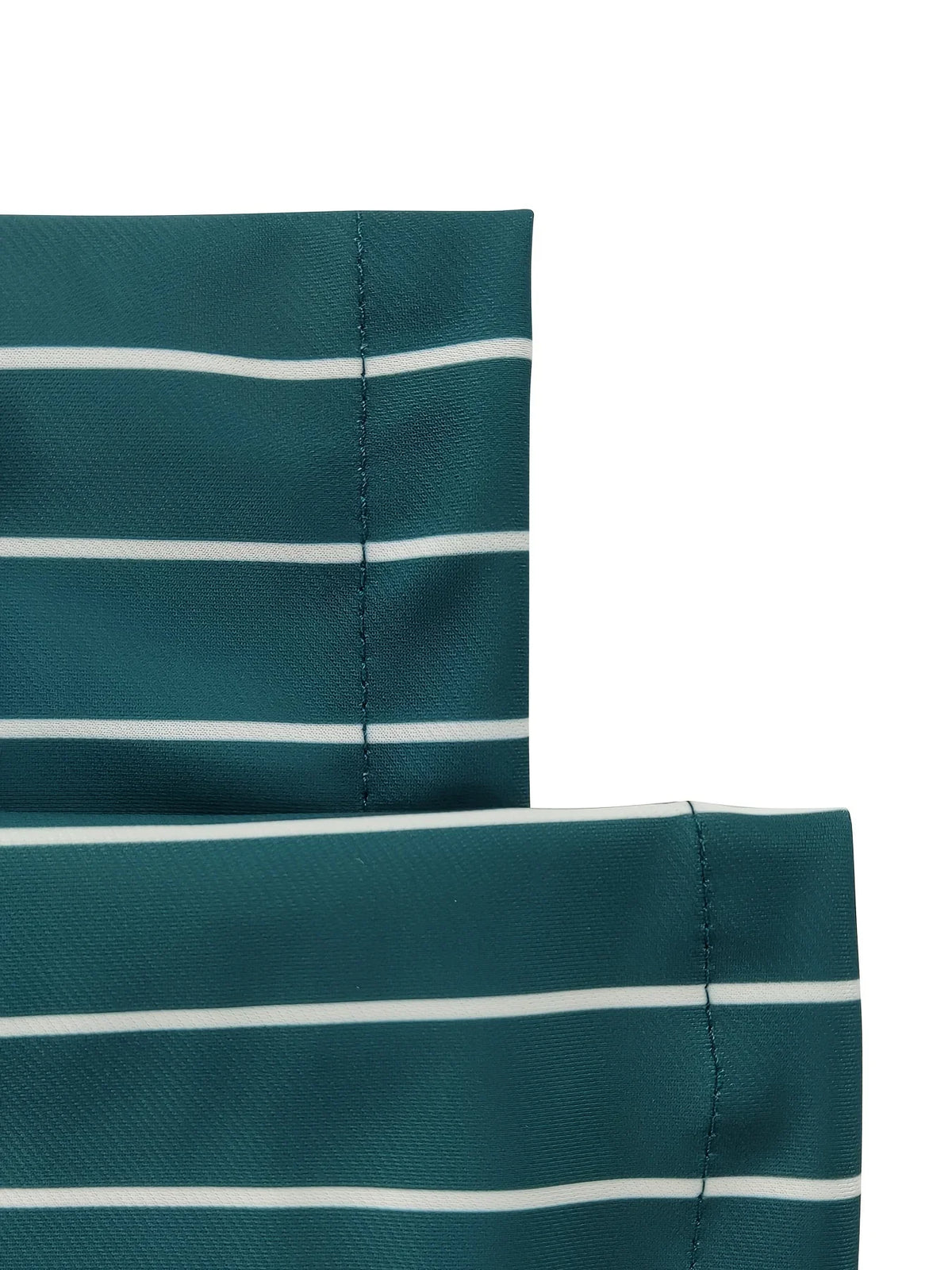 Slim-fit, straight-leg trousers in a deep teal color with white horizontal stripes and a smooth finish.