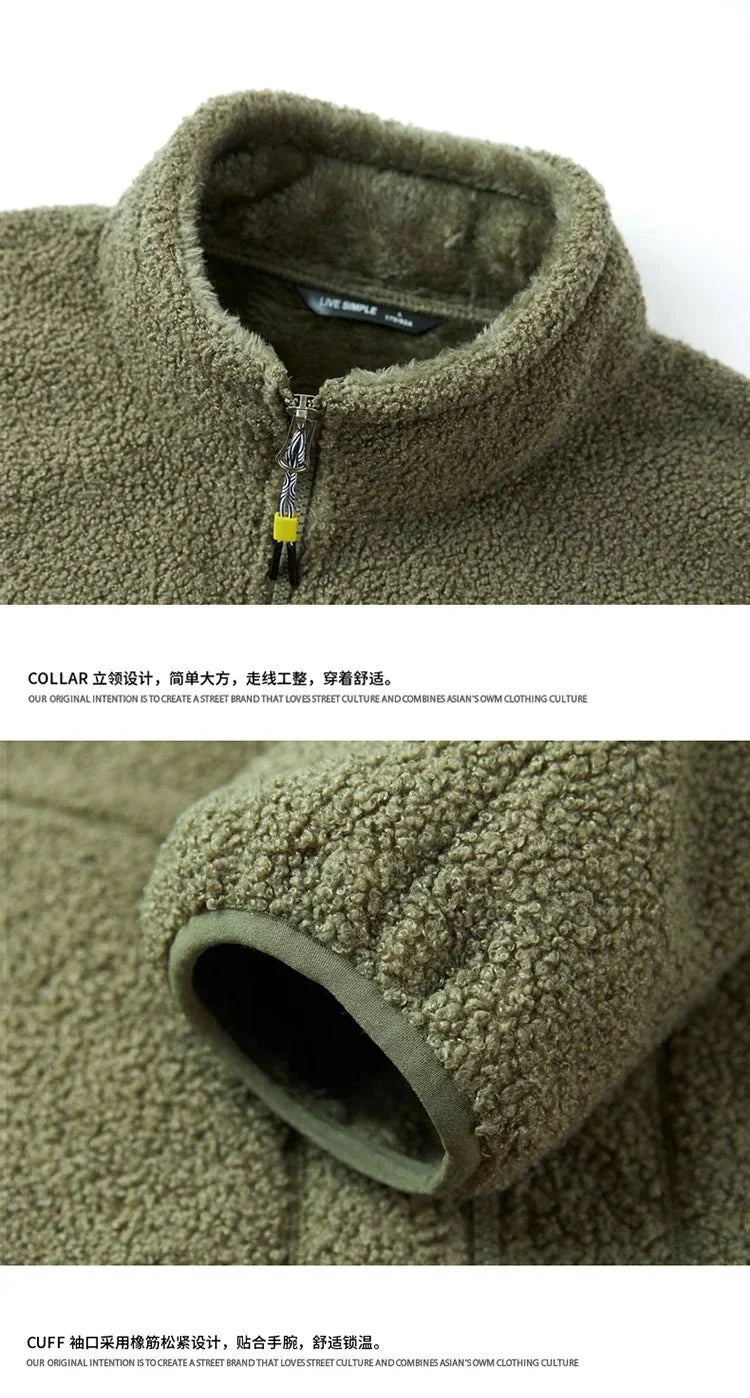 Men's loose fleece streetwear jacket with stand collar in plus sizes, featuring a cozy, casual design from TrendLux Wear.