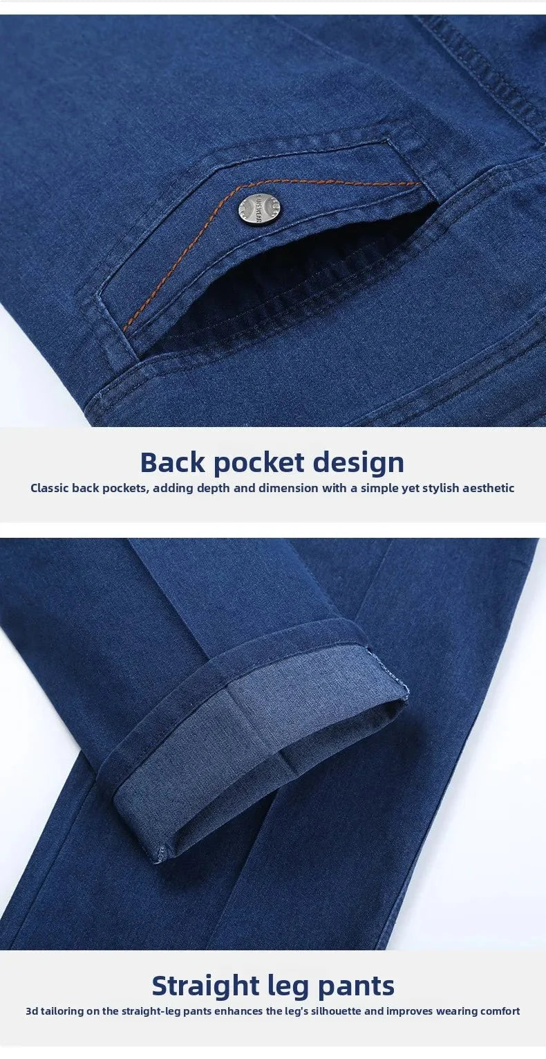 Men's high-waist straight leg cargo jeans by TrendLux Wear featuring an elastic waist and casual spring-summer style.