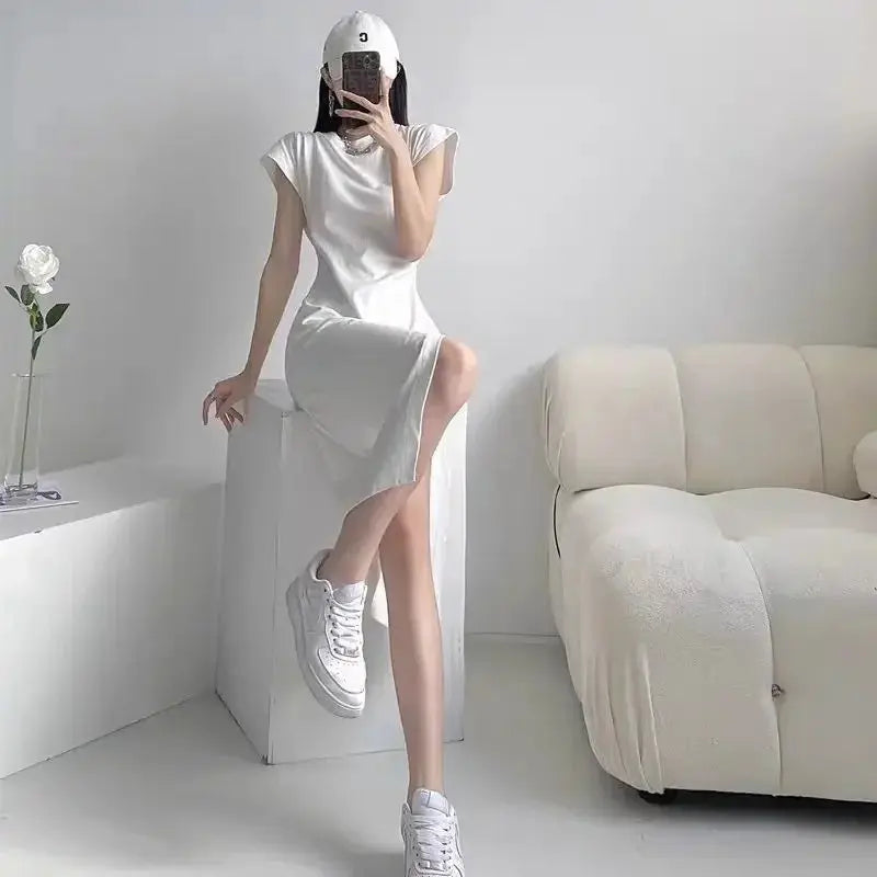 TrenLux Wear Women's Cotton Y2K Asymmetrical Hem Casual Midi Dress The Glow Sanctuary