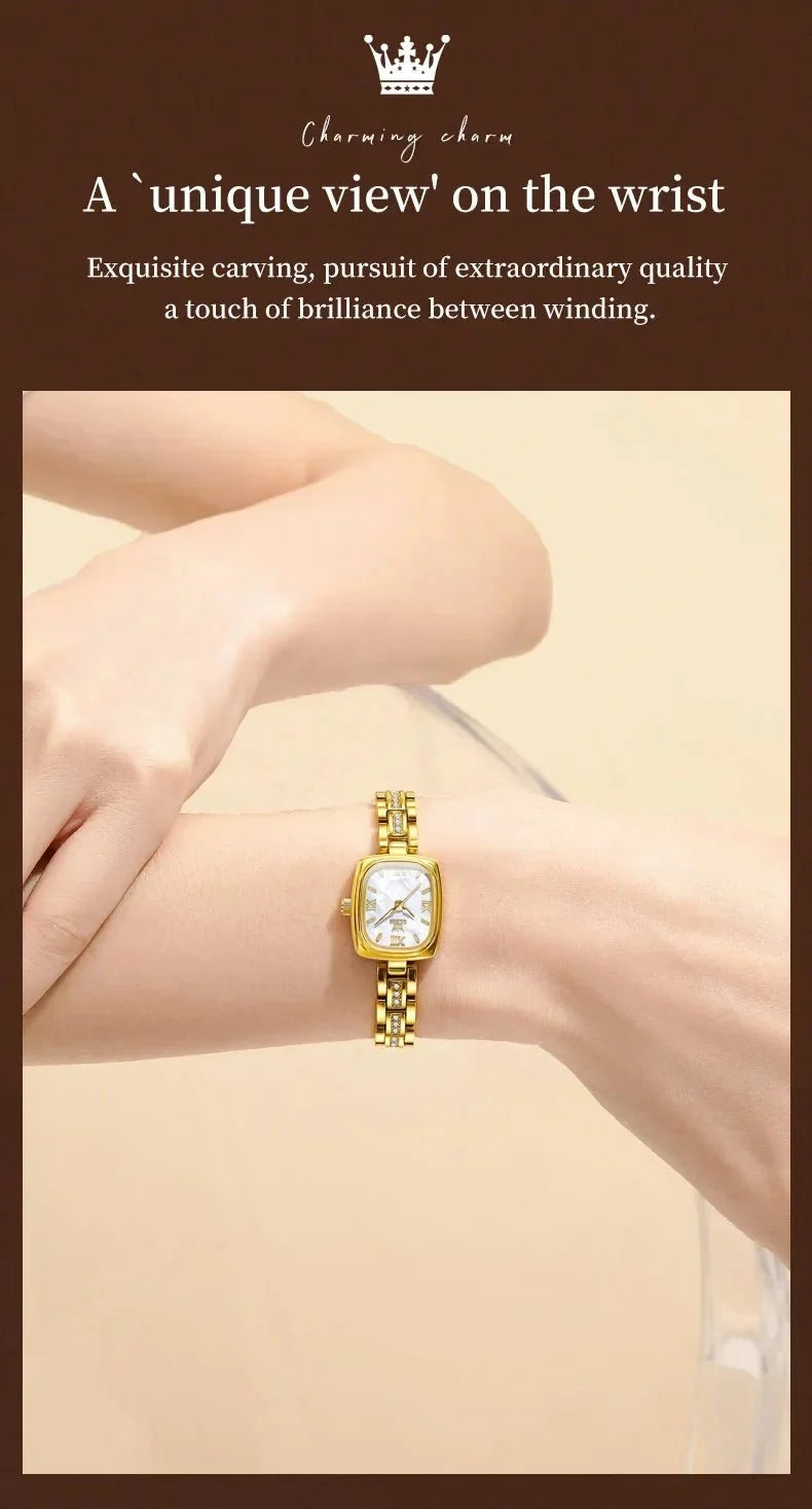 TrendLux Wear women's luxury square face watch with a sleek metal band, elegant design, and gold-tone finish.