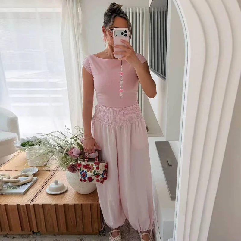 TrendLux Women's Pink High Waist Wide Leg Balloon Pants – Casual Summer Trousers