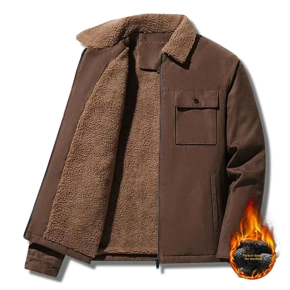 Men's fleece-lined suede workwear jacket by TrendLux Wear, windproof and business casual coat with rugged style and warm lining.