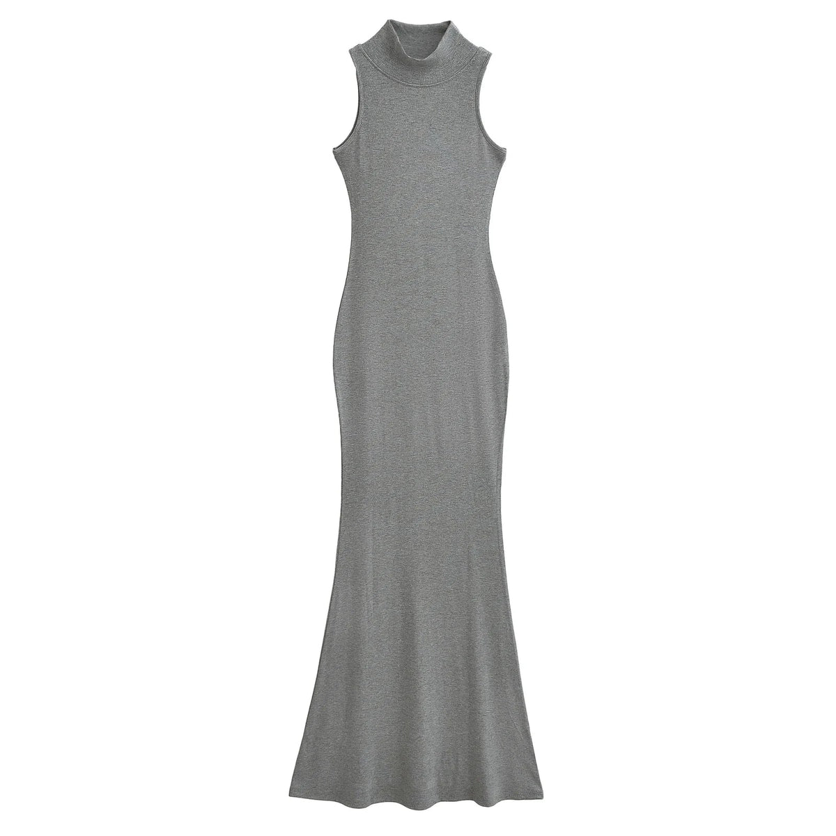 Women's knit turtleneck bodycon ankle-length maxi dress by The Glow Sanctuary, shown in a close-up of the fitted, ribbed fabric.