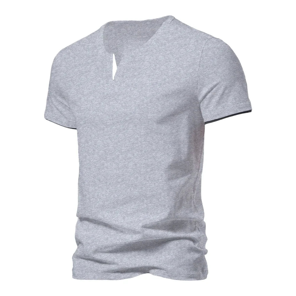 Men's slim fit Henley T-shirt by TrendLux Wear in black, white, and grey, featuring moisture-wicking and breathable fabric.