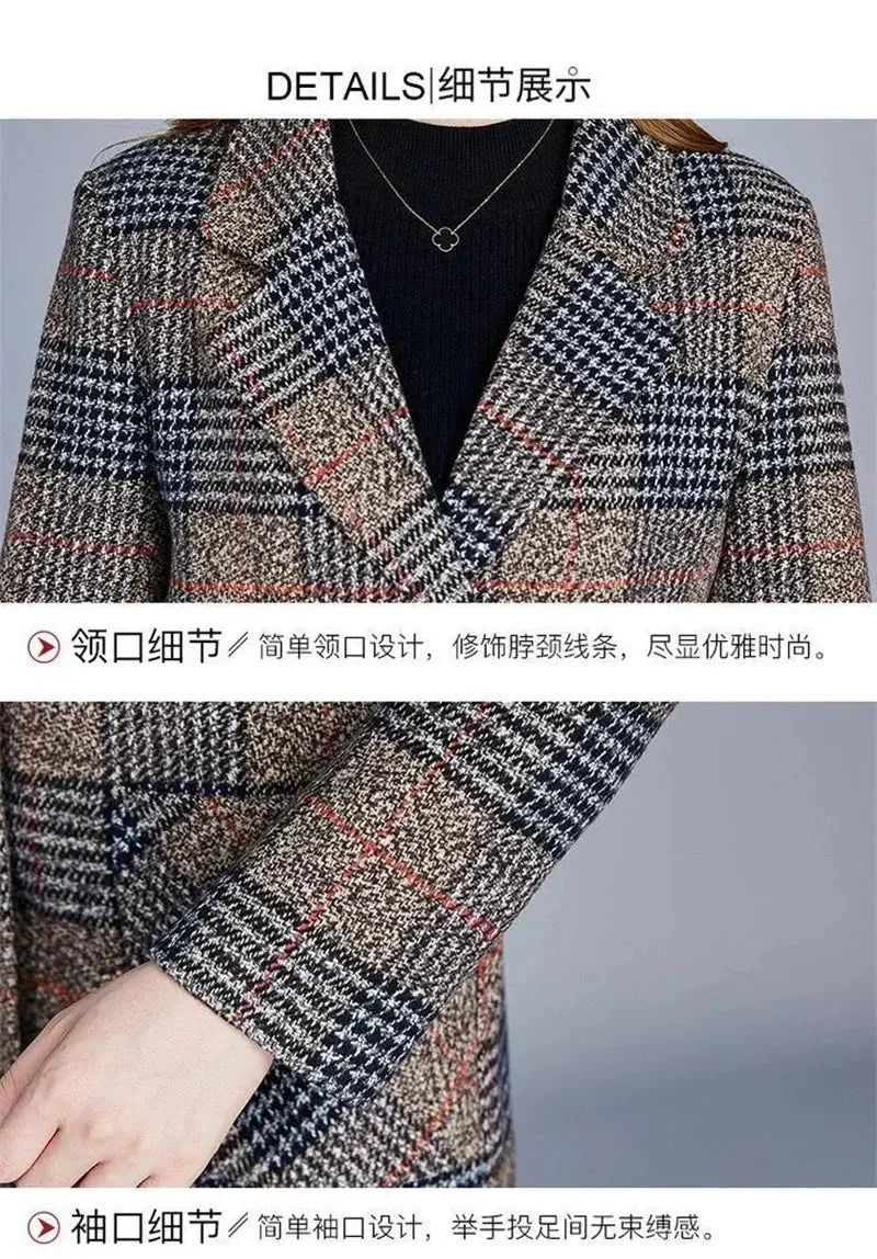 Women’s plaid woolen overcoat by TrendLux Wear, classic outerwear with a stylish plaid pattern and warm wool fabric.