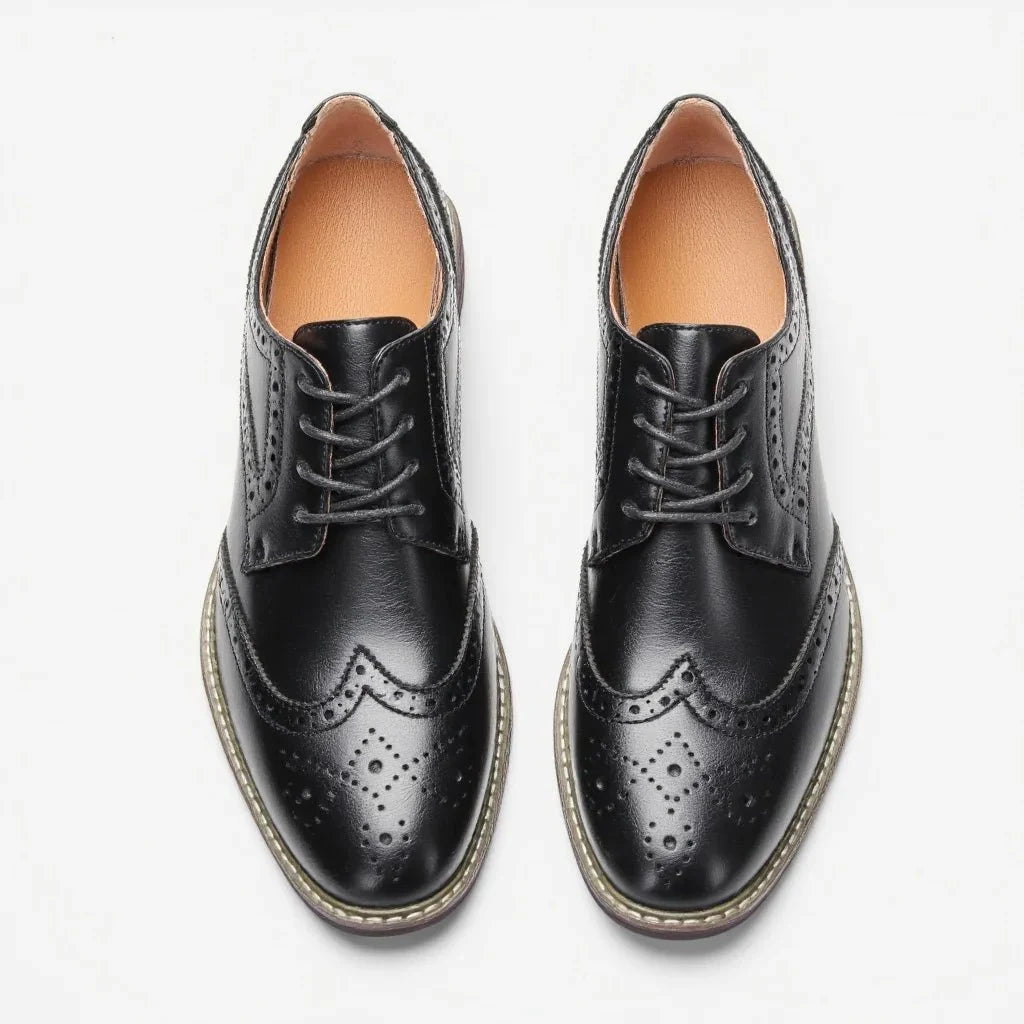 Men's black leather lace-up brogue dress shoes by TrendLux Wear, formal business oxford style with detailed perforations.