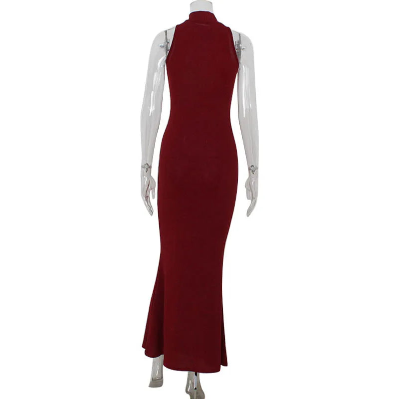 Red Sequin High-Neck Bodycon Maxi Dress