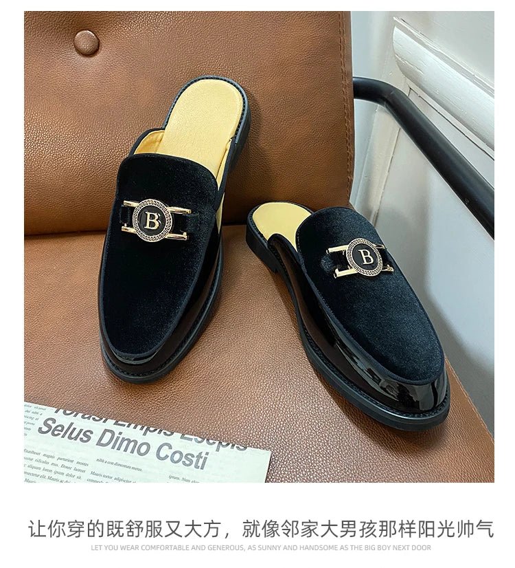 Men's black faux suede slip-on mules by TrendLux Wear, breathable casual loafers, summer flats in EU sizes 35-47.