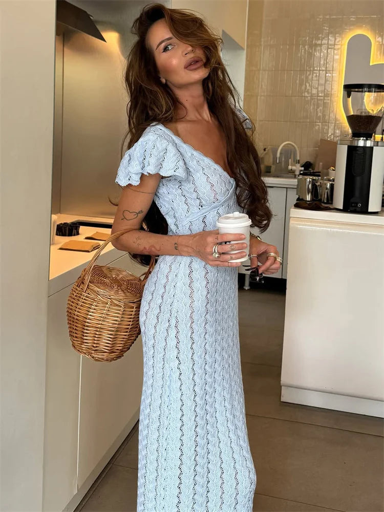 Ruffled V-Neck Hollow-Out Knit Maxi Dress