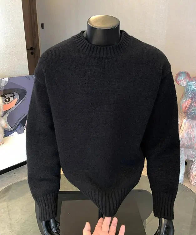 Men's cashmere-blend round neck pullover sweater by TrendLux Wear in five colors, shown in a cozy autumn winter style.