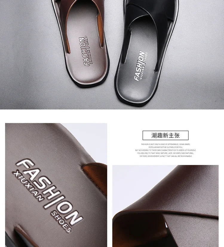 Men's genuine leather beach sandals by TrendLux Wear, non-slip casual flats in EU sizes 38-50, shown with open-toe design and leather straps.