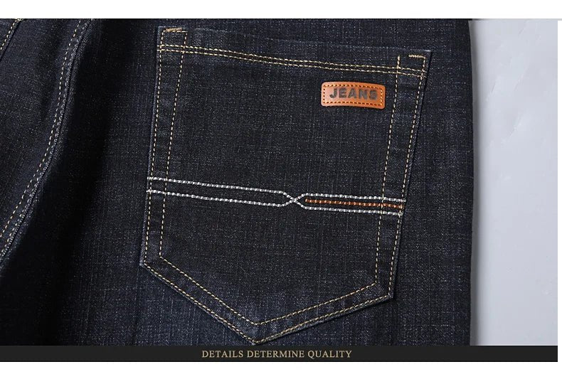 Men's slim fit black biker jeans by TrendLux Wear, featuring a classic straight leg style in size 30 to 38.