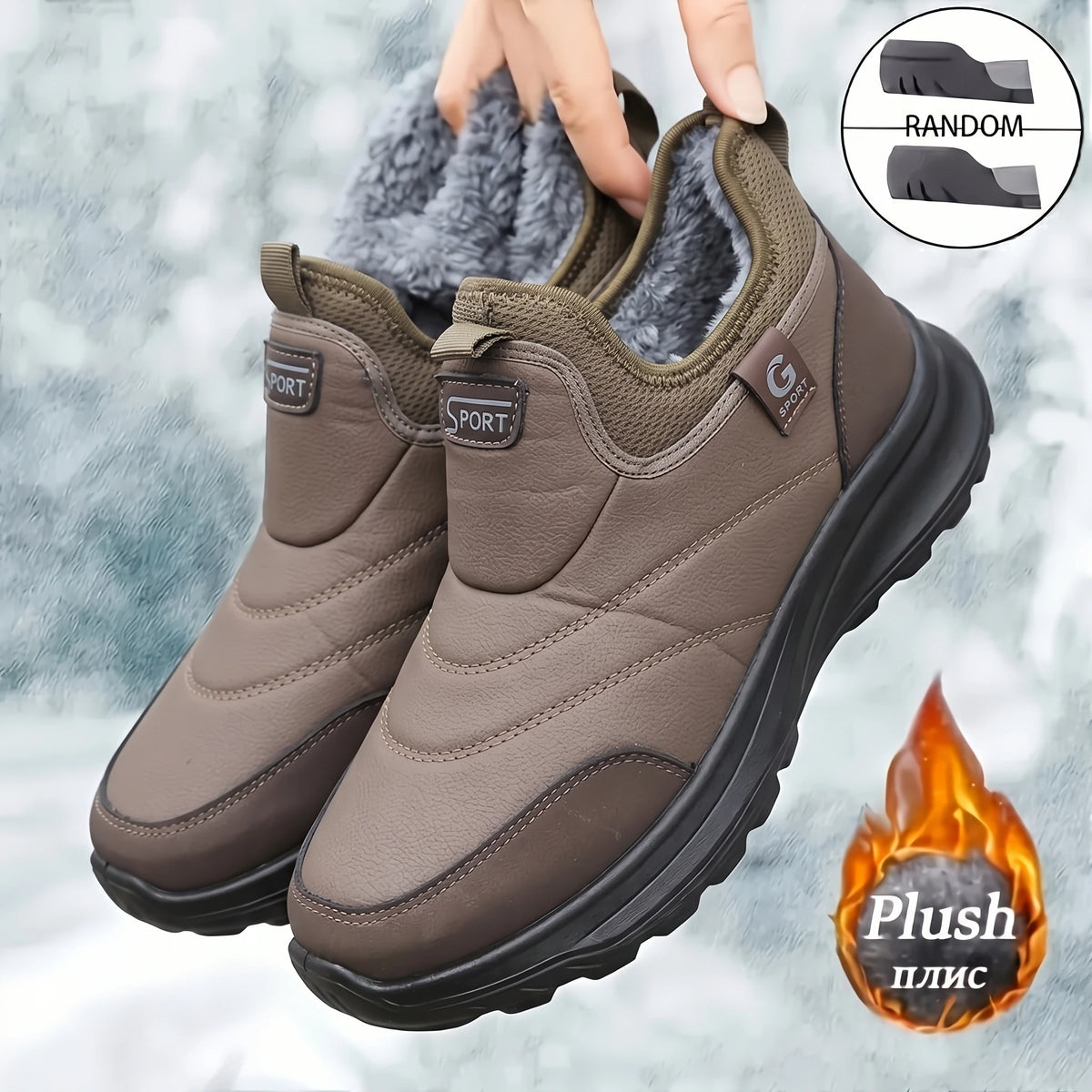 Men's Waterproof Slip-On Winter Snow Sport Shoes – Plush Lined Thick Heel